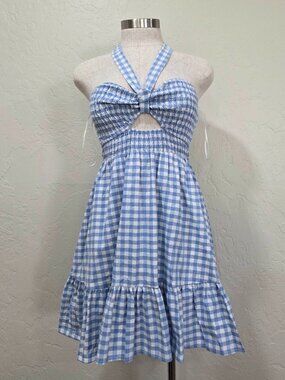 Blue And White Gingham Print Smocked Mini Halter Dress